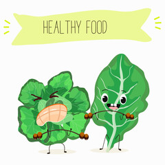 Vector cartoon funny character cute spinach character on a white background. Healthy food. 
Vegetarianism. Lettuce leaves. Sorrel.