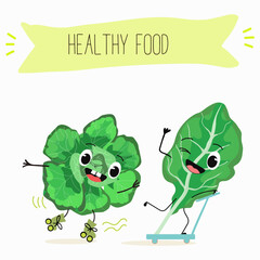 Vector cartoon funny character cute spinach character on a white background. Healthy food. 
Vegetarianism. Lettuce leaves. Sorrel.