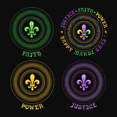 Set of circular carnival Mardi Gras traditionally colored patterns meaning Power, Faith, Justice. Beads, fleur de lis symbol, text. Halftone style. For prints, clothing, apparel, t shirt design Not AI © OA_Creation