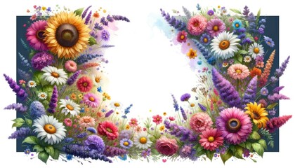 Fototapeta na wymiar Panoramic watercolor illustration, various flowers in corners, open center for text, vibrant colors on white background. 