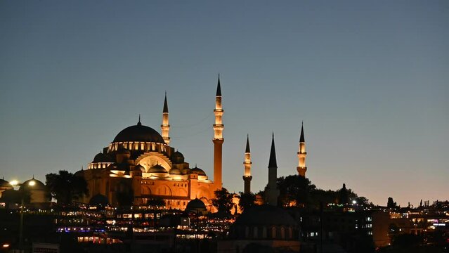 Marvelous illuminated Hagia Sophia in the yellow evening sky