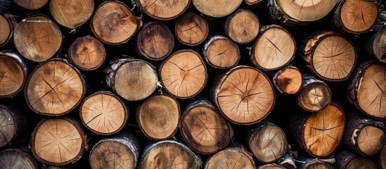 Pine tree stumps and logs after removal Preparing firewood for winter Randomly stacked pile