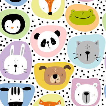 Cute colorful panda,fox,polar teddy bear,bunny,penguin,zebra, kitten face. Kids seamless pattern background with blue,yellow,orange, pink dots and texture, for children fabric and textile