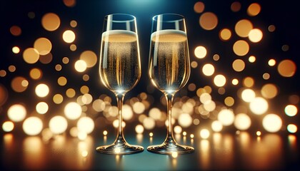 Two glasses of champagne with golden bokeh lights.