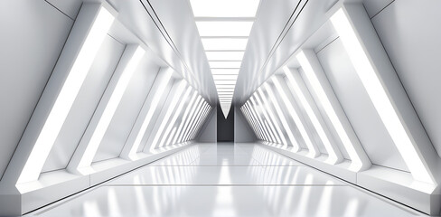 Empty Long Light Corridor. Modern white background. Futuristic Sci-Fi Triangle Tunnel.