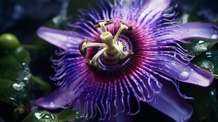 Obraz premium A close-up view of a passion flower, with its intricate, spiral-shaped corona and vibrant purple petals, resembling a work of natural art.