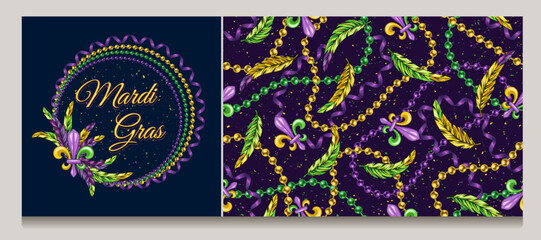 Set of pattern, circular frame with strings of beads, feather, fleur de lis sign, text. Vector illustration for Mardi Gras carnival. For prints, clothing, t shirt, holiday goods, stuff, surface design