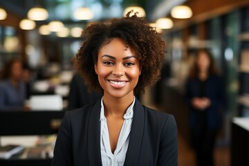 Fototapeta premium Empowering Black Women in Business confident black women at office work with pretty smile made AI made with AI 