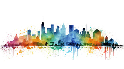 City skyline in the style of watercolor, on a white background
