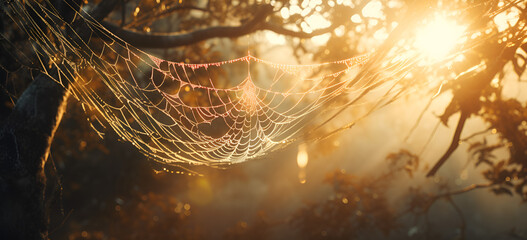 Cold dew condensing on a spider web with morning light rays in the background. 