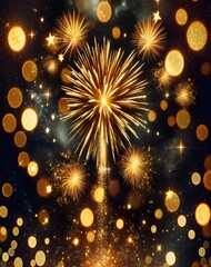 Fireworks  with golden bokeh lights.