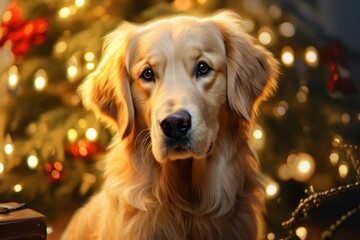 A Curious Canine Gazing at the Glowing Christmas Tree