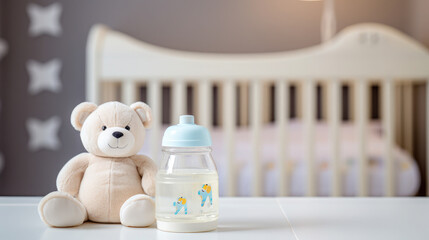 baby bottle, pacifier, milk, baby formula, food, children's room on the background, childhood, newborn, feeding, kid, child, home, comfort, health, birth