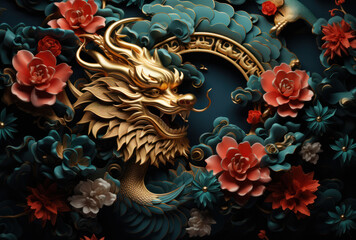 A Chinese dragon celebrating the Year of the Dragon in red, gold, and blue colors, Generative AI