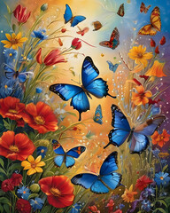 Butterflies Weaving Through The Vibrant Tapestry, A Symphony Of Reds, Blues, And Yellows, A Meadow Alive With The Harmonious Beauty Of Nature