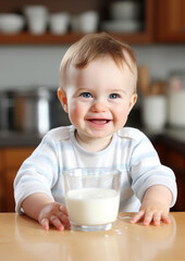 small cheerful smiling child drinks milk at the table, baby formula, nutrition, food, kitchen, kid eating, infant, newborn, house, emotional portrait, glass, jar, facial expression, joy, meal, dinner