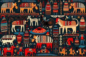 Vibrant Fabric Textures and African Tribal Patterns
black African people old illustration pattern  made with AI 