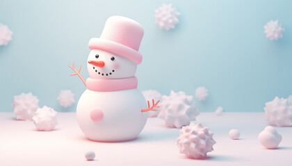 Cute snowman in winter wonderland landscape pastel colored. Christmas Snowman. Festive cute character. Realistic 3d design element In plastic cartoon style. Icon illustration cute