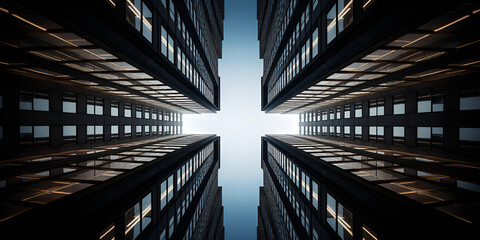 This image captures an upward view of towering skyscrapers, showcasing their futuristic office designs. High-rise Buildings and Modern Offices