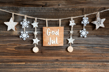 Wooden Decorated Christmas Label With Text God Jul