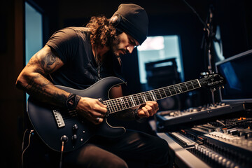 A man with intricate sleeve tattoos strums an electric guitar passionately in a music studio filled...
