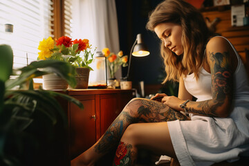 A woman carefully applies a thin layer of healing ointment to a fresh tattoo on her leg, following aftercare instructions for optimal healing - obrazy, fototapety, plakaty