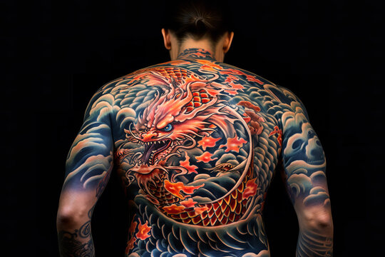 A man shows off traditional Japanese tattoo artwork covering his entire back, depicting dragons and cherry blossoms