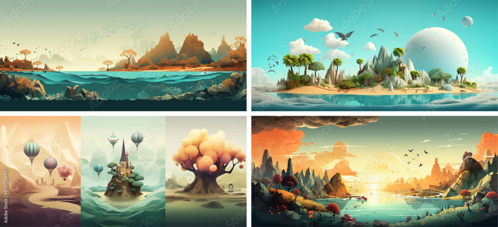 Poster clipart fantasy horizontal image picture game illustration outside cartoon set collection element 