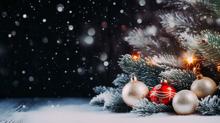 Fototapeta na wymiar Christmas decorations with tree on dark copyspace background