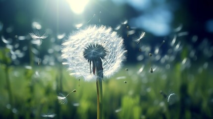 A dandelion releasing its seeds into the wind, a delicate and intricate process of nature's...