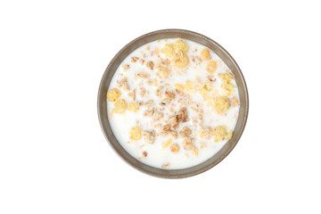 Muesli with yogurt, isolated on white background