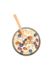 Muesli with yogurt, isolated on white background