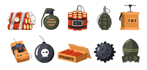 Cartoon bomb set. Dynamite and bomb military explosive ammunition devic eand artillery game asset. Vector collection - obrazy, fototapety, plakaty