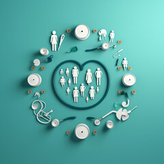 Healthcare Insurance Concept: 3D Render of Medical Stethoscope and Family Icon on Cyan Background