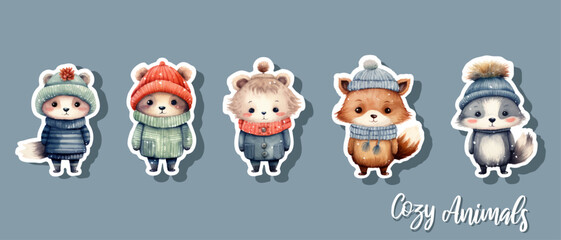 Vector sticker set watercolor winter animals in sweater and warm hat, scarf design for new year card, merry christmas card, cute bear character isolated on white winter animals trendy cute cozy