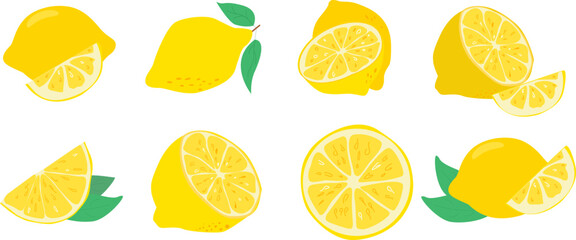 A set of fresh lemon isolated on white background. A whole lemon, half and slice a lemon.For web, print, product design, lemon logo.  
