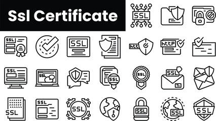 Set of outline ssl certificate icons - obrazy, fototapety, plakaty