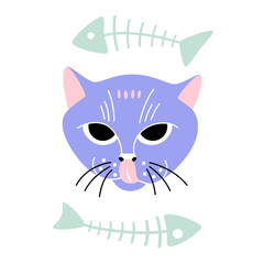 Cute hand drawn cat head isolated. Vector illustration of animal pet face