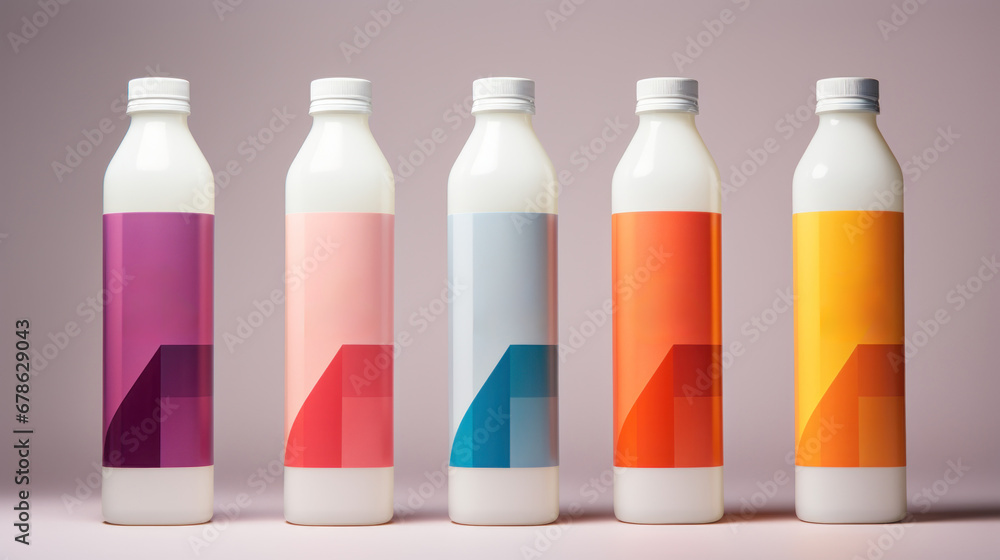 Poster a row of different colored bottles with the same design, ai