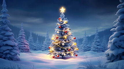 Winter wonderland and one decorated Christmas tree with lights in forest. Postproducted generative AI illustration.