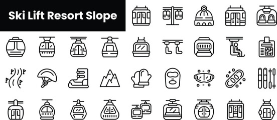 Set of outline ski lift resort slope icons