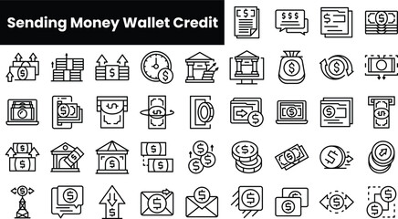 Set of outline sending money wallet credit icons
