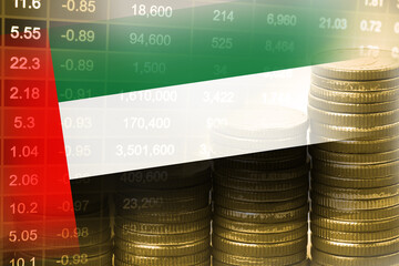 Stock market investment trading financial, coin and UAE United Arab Emirates flag or Forex for analyze profit finance business trend data background.