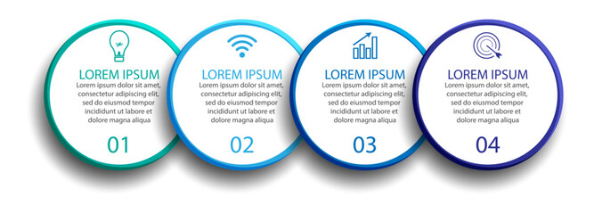 Infografis sederhana 4 langkah. garis warna biru, simbol, nomor dan tex dalam satu kesatuan yang berkaitan, cocok untuk presentasi bisnis Anda