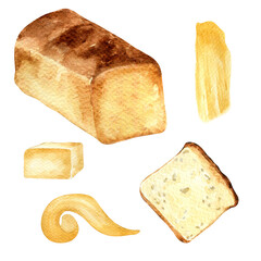 Toast bread whole and slice watercolor illustration isolated on white background. Hand drawn slice of bread and butter set for bakery shop. Painted fresh bread side view. Elements for poster, grocery