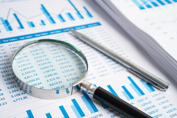 Magnifying glass on graph paper. Financial development, Banking Account, Statistics, Investment...