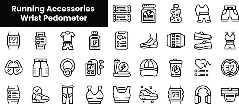 Set of outline running accessories wrist pedometer icons