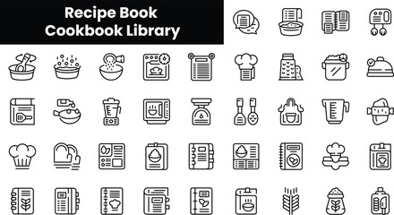 Set of outline recipe book cookbook library icons