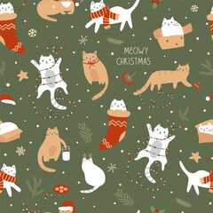 Christmas cats seamless pattern. Vector funny pets on the winter holiday at home. Green New Year time repeat background, wallpaper, package design, wrap paper, textile. Kitty secret life concept.