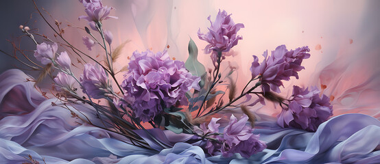 A Close up of flowers in the morning - Dreamlike, smokey background illustration, still-lifes, purple, pink and blue design.
